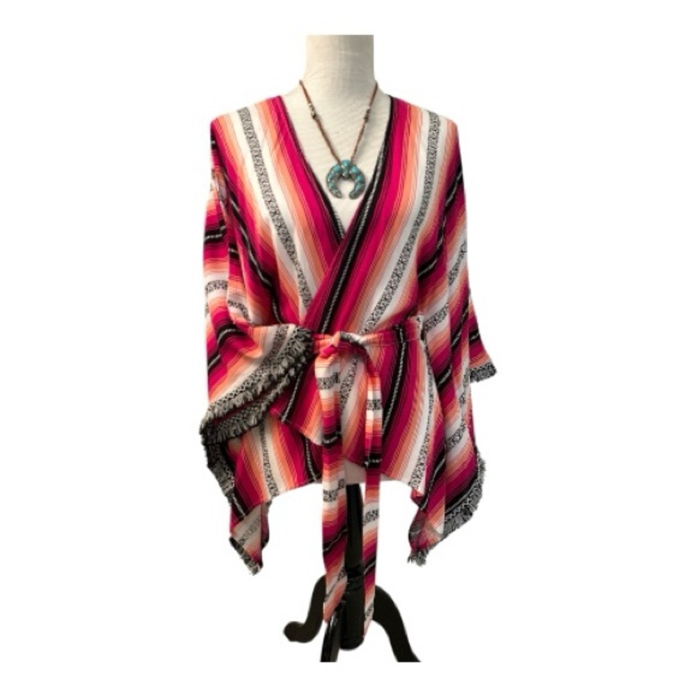 Rock & Roll Cowgirl Pink, Black and White Serape Striped Western Tie Front Top
